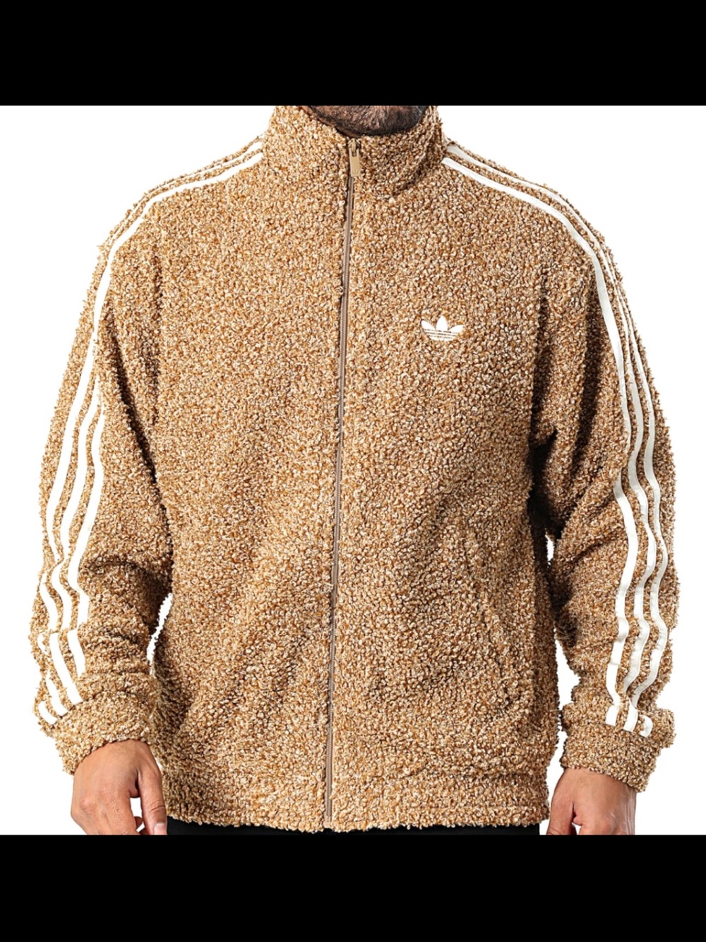 🥷🏿🥷🏿adidas Tan Sherpa Zip-Up Jacket with White Stripes BOUCLE FIREBIRD TRACKTOP